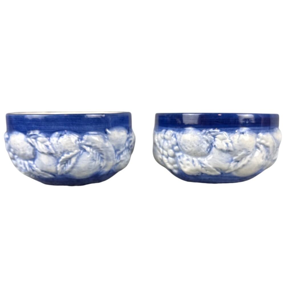 Cantaria Portugal Hand Painted Fruit Relief Bowls Blue White Majolica Style 80's